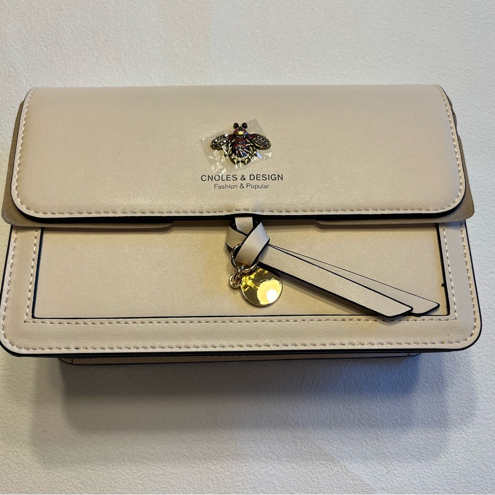 NWT Cnoles Beige Genuine Leather Crossbody Mini Satchel Purse Adjustable Strap